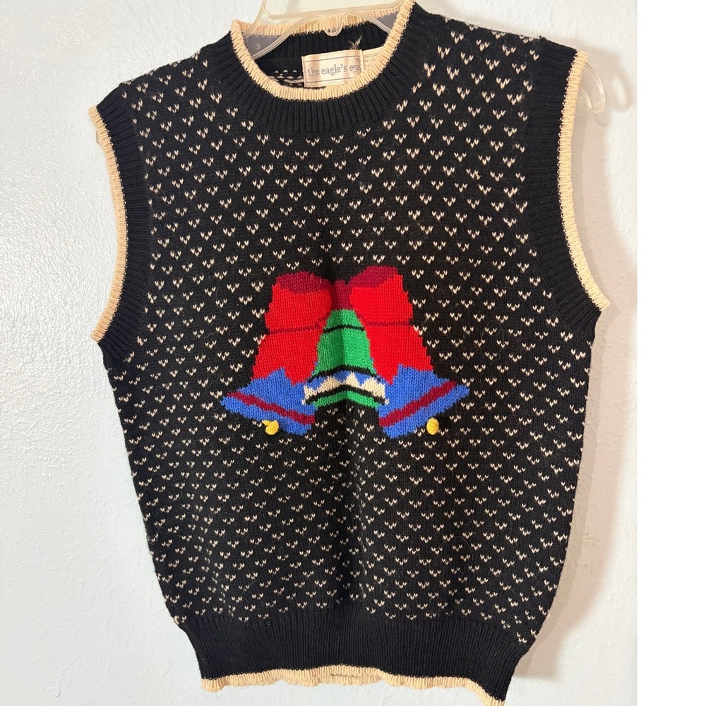 Vintage The Eagles Eye Shetland Wool Sweater Vest Black Christmas Bell L Novelty
